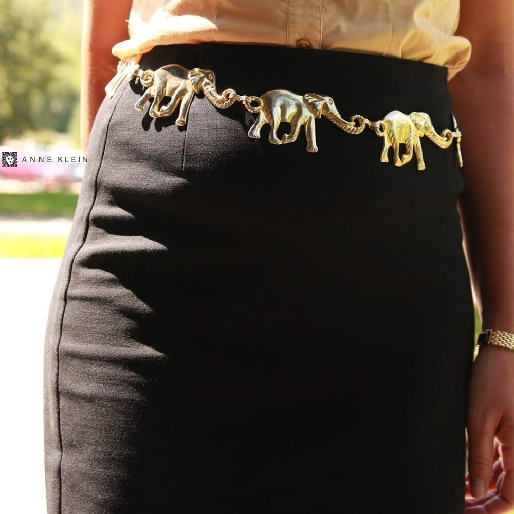 Vintage Anne Klein Gold Plated Brass Elephant Chain Link Belt